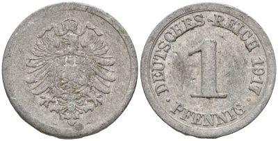 Германия 1 пфенниг 1917 A KM 24, J. 300, Weege 2 алюминий 4151-1223