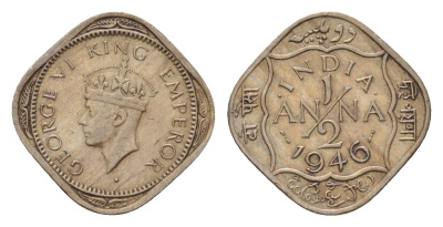 Британская Индия 1/2 анна 1946 Георг VI (1936-1952) KM 535 медно-никель 4189-1021