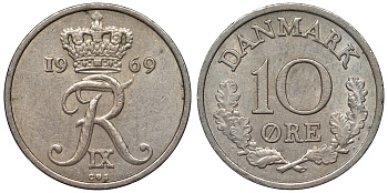Дания 10 эре 1969 C,S, Фредерик IX (1947-1972) KM 849.1 медно-никель UNC 71-222