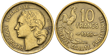 Франция 10 франков 1955  KM 915.1 алюминиевая бронза    4152-1244