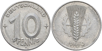 ГДР 10 пфеннигов 1950 A KM 3 алюминий 4143-727