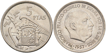 Испания 5 песет 1957(71) Франциско Франко (1939-1975) KM 786 медно-никель UNC 4583-1131