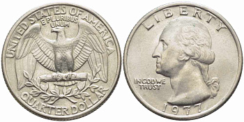 США 25 центов (квотер) 1977 Вашингтон KM A164a медь плакированная медно-никелем 63-647