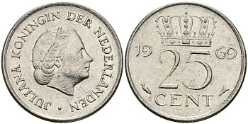 Нидерланды 25 центов 1969 Юлиана (1948-1980) KM 183 никель 96-216