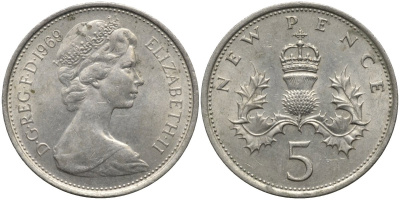 Великобритания 5 пенсов 1969 Елизавета II (1952-2022) KM 911, Spink 4233 (D1) медно-никель 4171-553