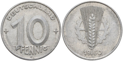 ГДР 10 пфеннигов 1950 A KM 3 алюминий 4143-727