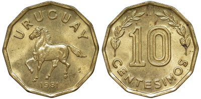 Уругвай 10 сентесимо 1981 KM 66 алюминиевая бронза 4169-554