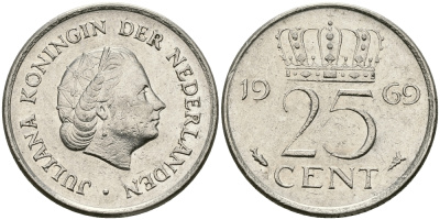 Нидерланды 25 центов 1969 Юлиана (1948-1980) KM 183 никель 96-216