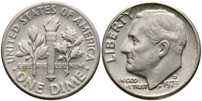 США 10 ЦЕНТОВ = 1 ДАЙМ 1973 D, РУЗВЕЛЬТ KM 195а медь плакированная медно-никелем 54-925