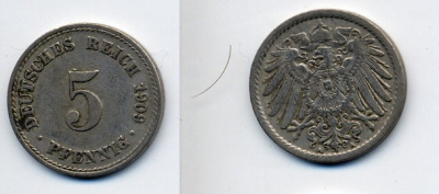 ГЕРМАНИЯ 5 ПФЕННИГОВ 1909 A, KM 11, J. 12 медно-никель 84-352