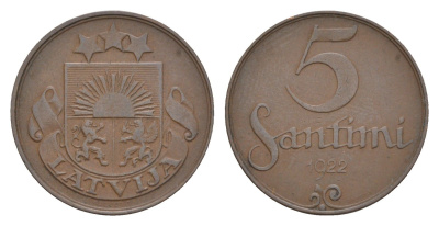 Латвия 5 сантимов 1922 KM 3 бронза 4658-1166