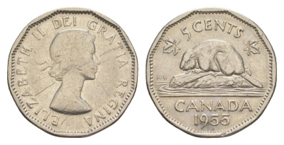 Канада 5 центов 1955 Елизавета II (1952-2022), бобр KM 50a никель 4630-662