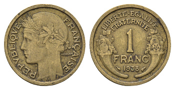 Франция 1 франк 1938 KM 885 алюминиевая бронза 4673-1125