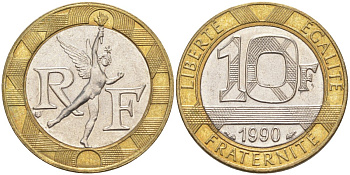 Франция 10 франков 1990 тип Гений Бастилии KM 964.1, Le Frank 375.5 биметалл 4519-252