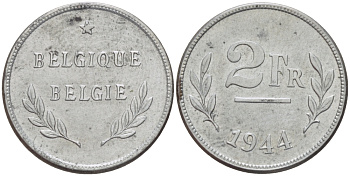 БЕЛЬГИЯ 2 ФРАНКА 1944 BELGIQUE-BELGIE, ВЫПУСК США KM 133 сталь плакированная цинком 31-1236