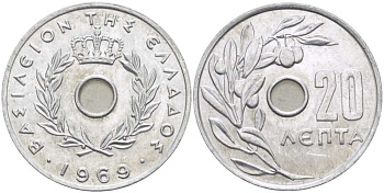 Греция 20 лепта 1969 Константин II (1964-1974), оливковая ветвь KM 79 алюминий UNC 28-956