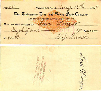 США чек на 81,60 долларов 1899 Филадельфия бумага 2196-46-2-2