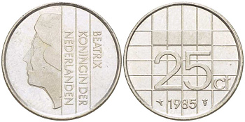 НИДЕРЛАНДЫ 25 ЦЕНТОВ 1985 БЕАТРИКС KM 204 никель 3309-354