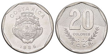 Коста-Рика 20 колонов 1985 KM 216.2 нержавеющая сталь UNC 4587-1212