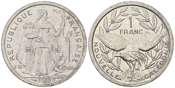 Французская Новая Каледония 1 франк 2000 птица кагу, (IEOM) KM 10, Schoen 10, Lec 52e алюминий 45-537