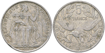 Французская Новая Каледония 5 франков 1991 птица кагу, (IEOM) KM 16, Schoen 12, Lec 79 алюминий 180-1126