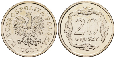 Польша 20 грошей 2004 MW KM 280, Parchimowicz 705l медно-никель UNC 02-264-35