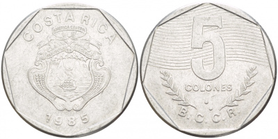 Коста-Рика 5 колонов 1985 B.C.C.R. KM 214.2 нержавеющая сталь 4539-835