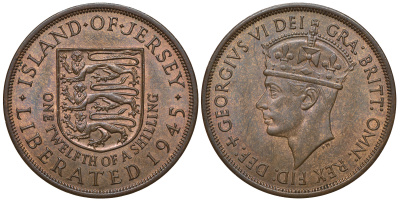 Джерси 1/12 шиллинга 1945 Георг VI (1937-1952), освобождение Джерси KM 19 бронза aUNC 4383-822