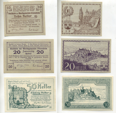 АВСТРИЯ НАБОР ИЗ 3 БАНКНОТ 1920 ДО 31 ДЕКАБРЯ 1920, НОТГЕЛЬД, 10, 20, 50 ГЕЛЛЕРОВ, MARTGEMEINDE OTTENSHEIM бумага aUNC 00-00