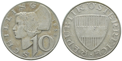 Австрия 10 шиллингов 1958 KM 2882 серебро 4381-424