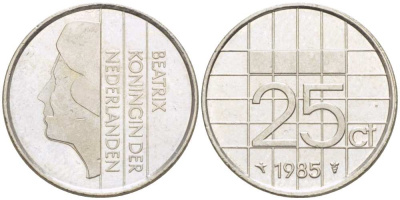 НИДЕРЛАНДЫ 25 ЦЕНТОВ 1985 БЕАТРИКС KM 204 никель 3309-354