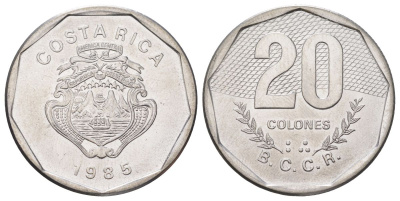 Коста-Рика 20 колонов 1985 KM 216.2 нержавеющая сталь UNC 4587-1212