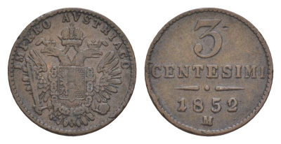 Ломбардия-Венеция 3 чентезимо 1852 M, Франц Иосиф I (1848-1916) C 30.1 медь 1518-235