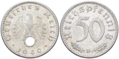 Германия 50 рейхспфеннигов 1940 D KM 96, J. 372 алюминий 4523-322