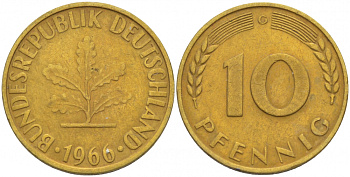 ФРГ 10 ПФЕННИГОВ 1966 G KM 108, J.383 сталь плакированная латунью 3996-614