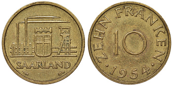 Саарланд 10 франков 1954 индустрия KM 1 алюминиевая бронза 4119-935