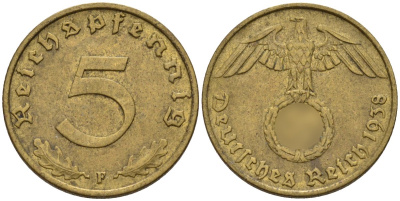 Германия 5 рейхспфеннигов 1938 F KM 91, J. 363 алюминиевая бронза 4151-856