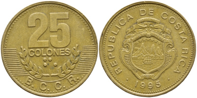 КОСТА-РИКА 25 КОЛОН 1995 B.C.C.R., ГОД ТИП KM 229 сталь плакированная латунью 56-413
