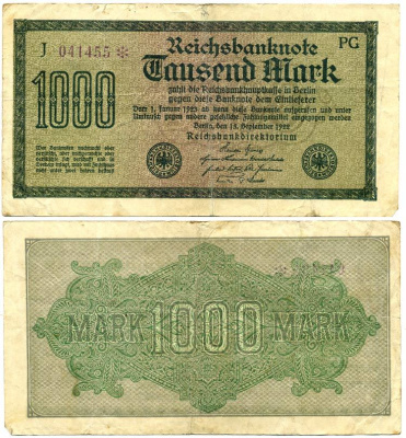 ГЕРМАНИЯ 1000 МАРОК 1922 15 СЕНТЯБРЯ 1922, ВОДЯНОЙ ЗНАК D, БЕЛАЯ БУМАГА Pick 76d бумага 7548-42-2