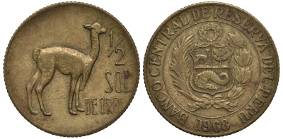 ПЕРУ 1/2 СОЛЯ 1968 ЛАМА KM 247 латунь 4182-327