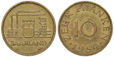 Саарланд 10 франков 1954 индустрия KM 1 алюминиевая бронза 4119-935
