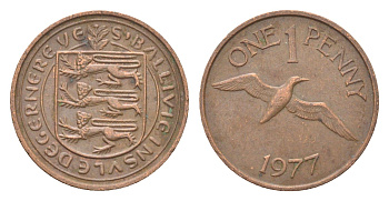 Гернси 1 пенни 1977 Елизавета II (1952-2022), северная олуша в полете KM 27 бронза 4702-753