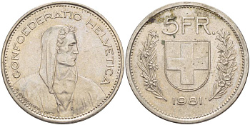 ШВЕЙЦАРИЯ 5 ФРАНКОВ 1981 KM 40а.1 медно-никель 4542-632