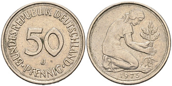ФРГ 50 ПФЕННИГОВ 1975 J KM 109.1, J. 384 медно-никель 4513-924