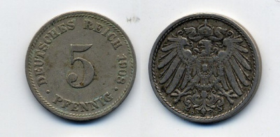 Германия 5 пфеннигов 1908 D KM 11, Jager 12, Weege 6 медно-никель 84-1662