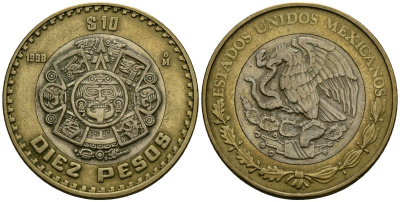 Мексика 10 песо 1998 Мо, бог Тонатиуха с огненной маской KM 616 биметалл 4120-335