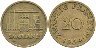 Саарланд 20 франков 1954 индустрия KM 2 алюминиевая бронза 68-543