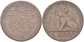 Бельгия 5 сантимов 1834 Belges, Леопольд I (1831-1865) KM 5 медь 4620-1013