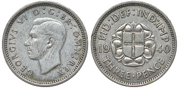 Великобритания 3 пенса 1940 Георг VI (1936-1952) KM 848, Spink 4085 серебро 4124-647