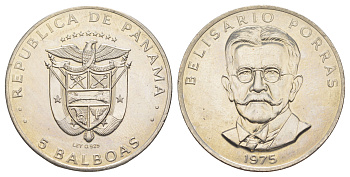 Панама 5 бальбоа 1975 EROR (БРАК) - ошибочное указание на аверсе серебра как металла монеты KM 40.2 медь плакированная медно-никелем 603-112